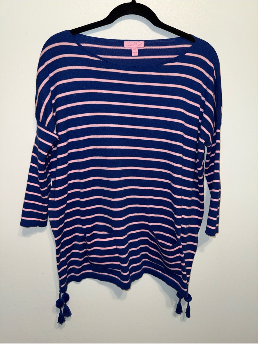 Lilly Pulitzer  Twilight Blue Coastal Shell Striped Elba  Top Tassel Hem‎ SZ XXS
